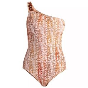 Shoshanna One Piece Swimsuit One Shoulder Chain Detail Amber Safari Print Size 4